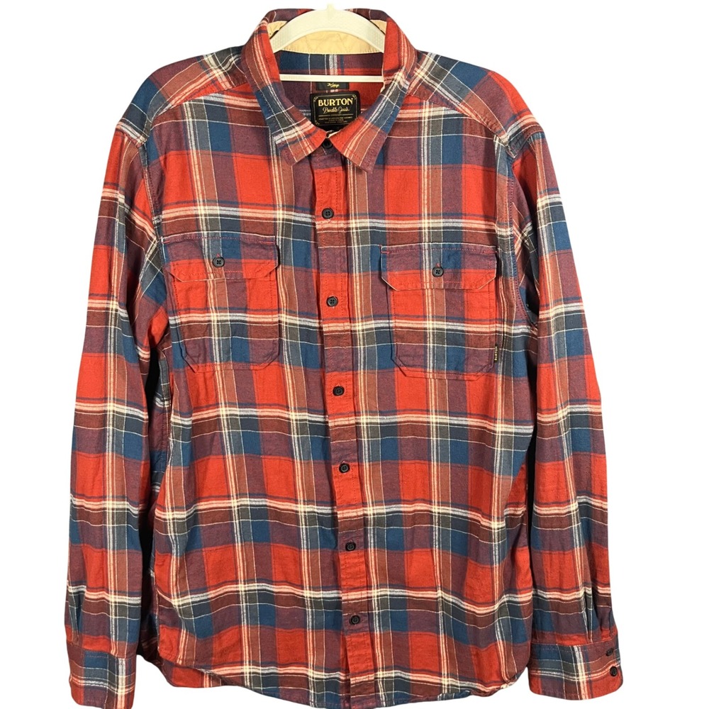 Vintage Burton Brighton Flannel Shirt Mens L Red Blue Plaid Long Slv Button Up